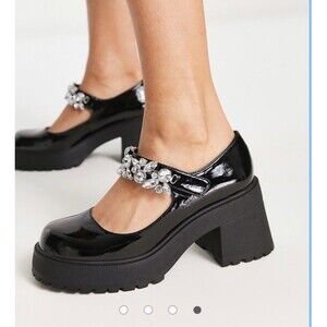 ASOS DESIGN Saffron embellished chunky heel Mary Jane Dress shoes black Sz Us 7